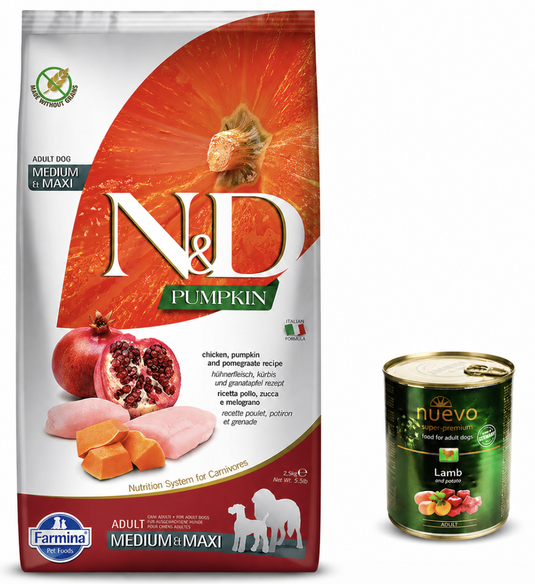 Набор корма для средних и крупных пород Farmina N&D Pumpkin с курицей тыквой и гранатом 2,5 кг и консерва Nuevo 1 шт. 400 г