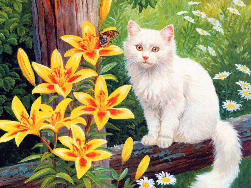 Алмазная Мозаика Кошка и лилии 20x30 см (23652)