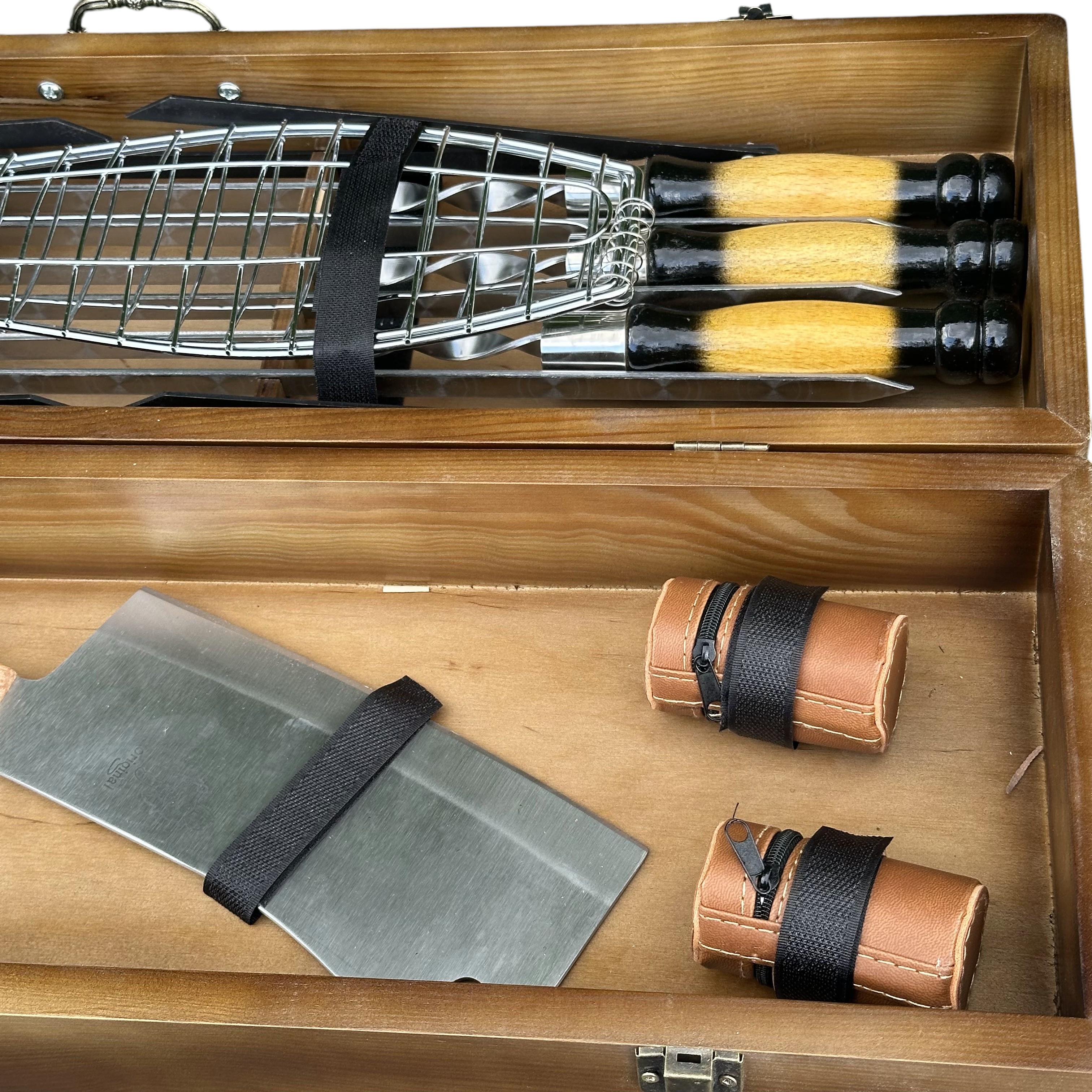 Подарунковий набір шампурів Mzavod Майстер BBQ із нержавіючої сталі в дерев’яному кейсі 720x120x210 мм 20 пр. (136-17-1190210000811) - фото 3