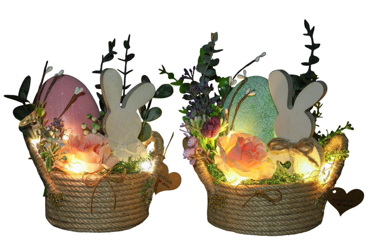 Великодня композиція GALA DECOR з зайчиком та пасхальним яйцем у кошику 15х15 см з підсвіткою 2 шт.