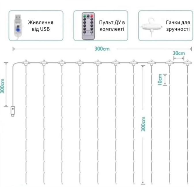 Гирлянда-штора с пультом/USB 8 режимов 3x3 м - фото 5