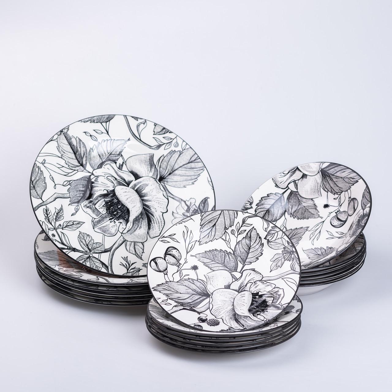 Столовий сервіз малюнком Квітів керамічний на 6 персон 18 тарілок Білий