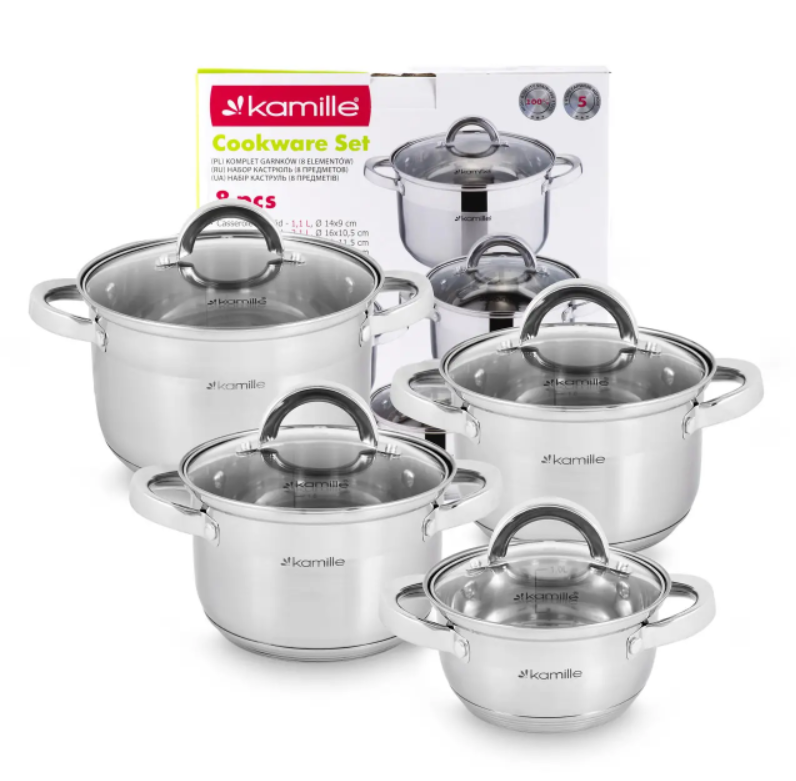 Набор кастрюль Kamille KM-5637S нержавеющая сталь для индукции и газа 8 предмета 1,0/1,8/2,5/3,8 л (NA002035)