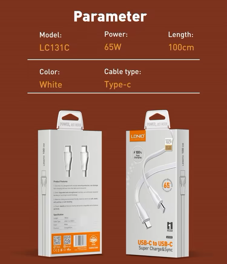 Кабель Type-C to Type-C LDNIO LC131-C/PD 65W быстрая зарядка 1 м Белый - фото 2