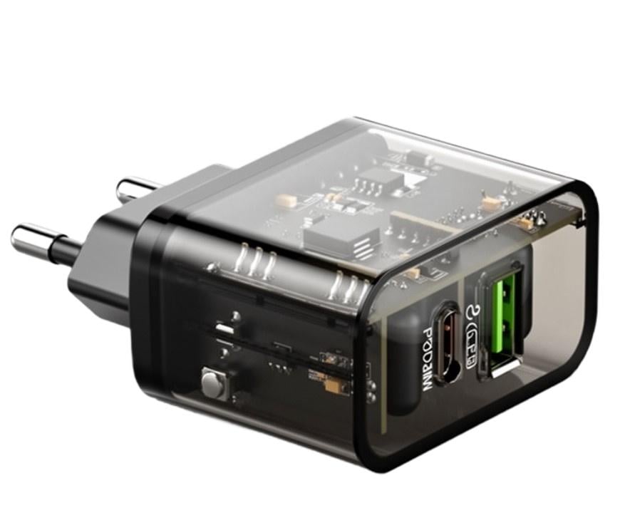 Адаптер питания Hoco N34 20W PD/QC3.0 USB-C/USB-A кабель Type-C 1 м Black/Transparent (2104619567)