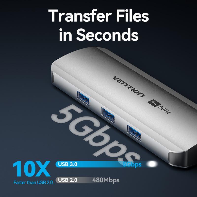 USB-хаб Vention Type-C-3x USB 3.0/5 Гбит/с HDMI 4K 60Hz/Type-C PD 100W/SD/TF карты RJ45 1 Гбит/с USB-C Серый (TQKHB) - фото 4 USB-хаб Vention Type-C-3x USB 3.0/5 Гбит/с HDMI 4K 60Hz/Type-C PD 100W/SD/TF карты RJ45 1 Гбит/с USB-C Серый (TQKHB) - фото 4
