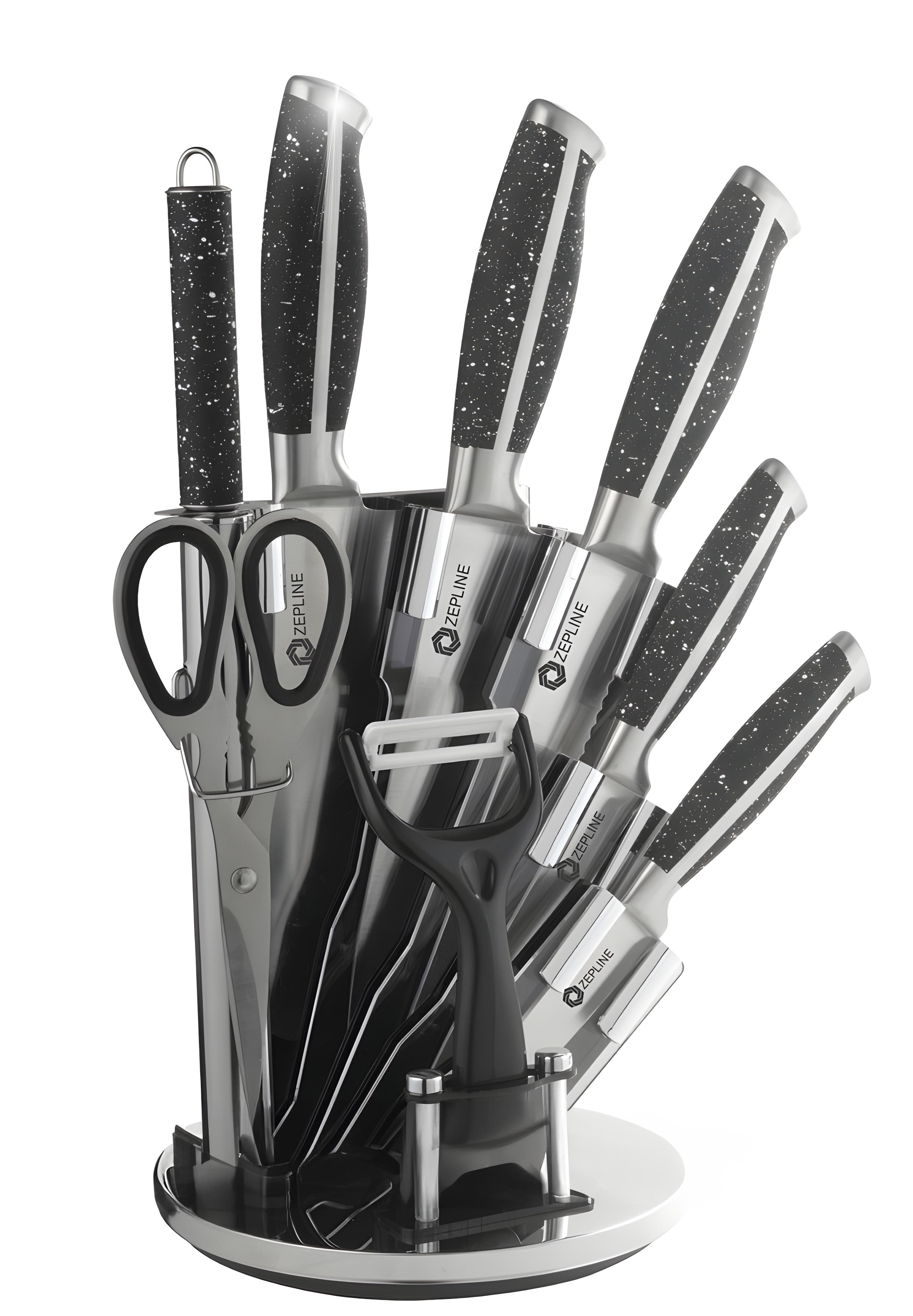Набір кухонних ножів з підставкою та ножиці /овочечистка Z.e.p.Line ZP-027 Black (90120)