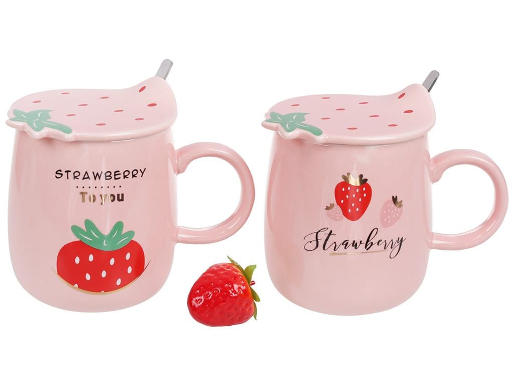 Чашка Клубнички с фигурной крышкой и ложкой 420 мл 2 дизайна набор 2 шт. Розовый (BDI-927-213)