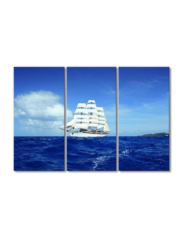 Картина модульная Синее море и корабль с парусами 3 модуля 120x180 см
