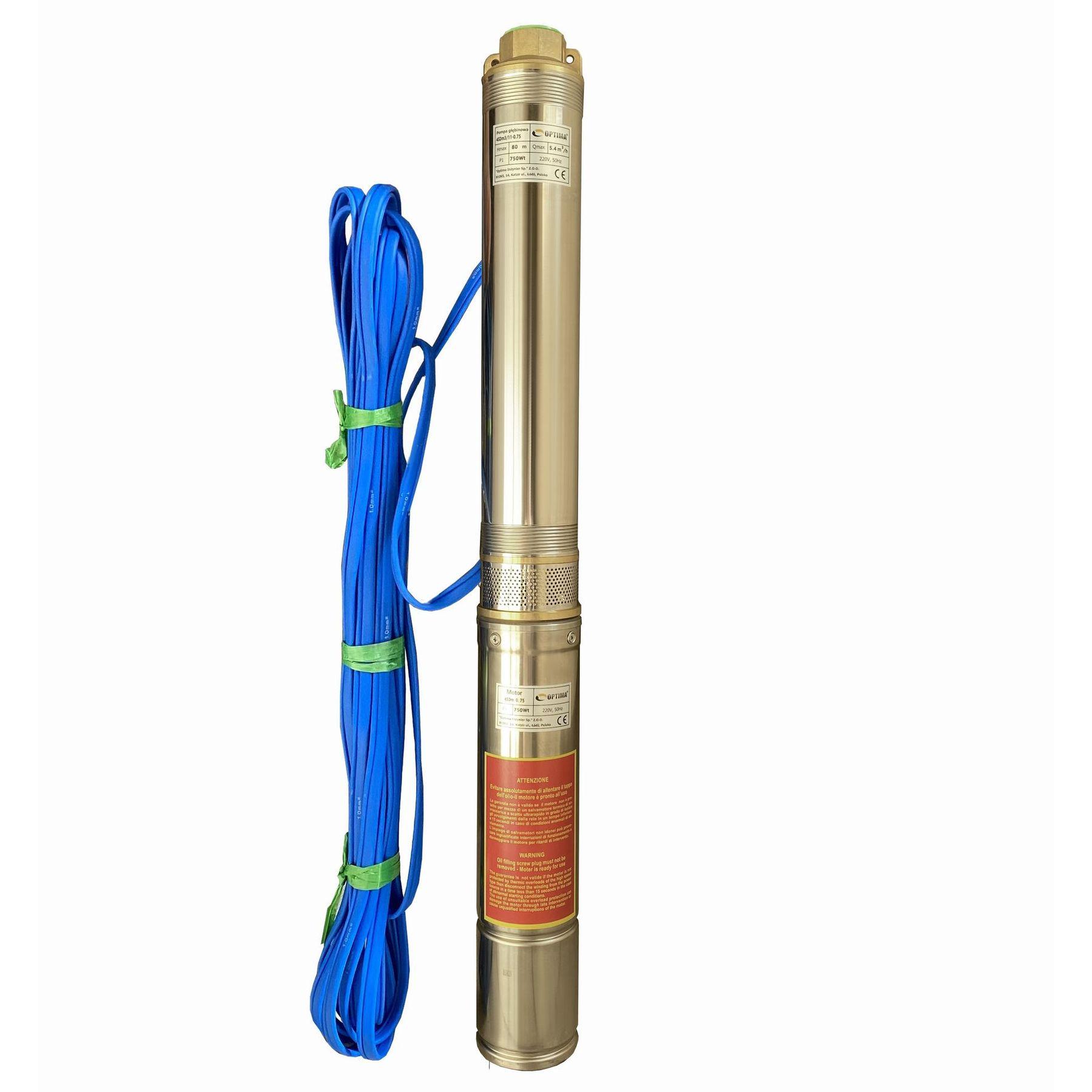 Насос скважинный Optima4SDm3/11 NEW 0,75 кВт с повышенной стойкостью к песку 80 м с пультом и кабелем 15 м