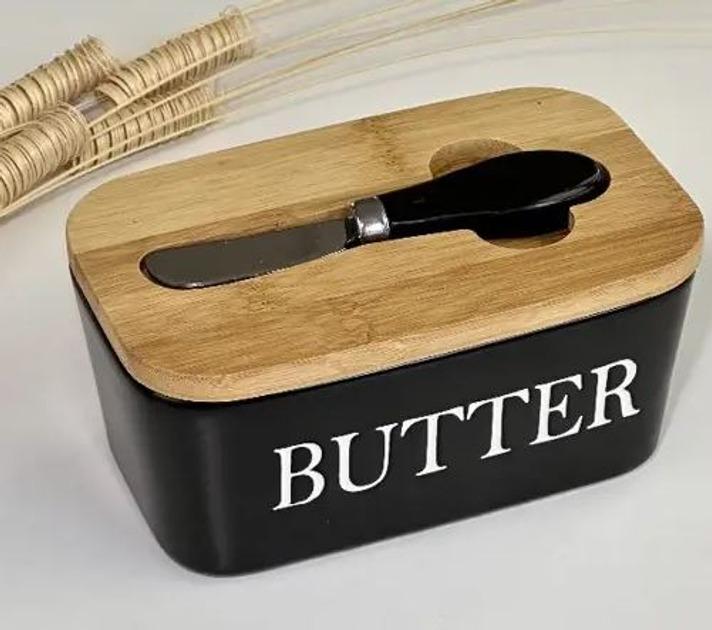 Масленка керамика с ножом и бамбуковой крышкой 16,8х9,5х7,7 см (R34972-BL)