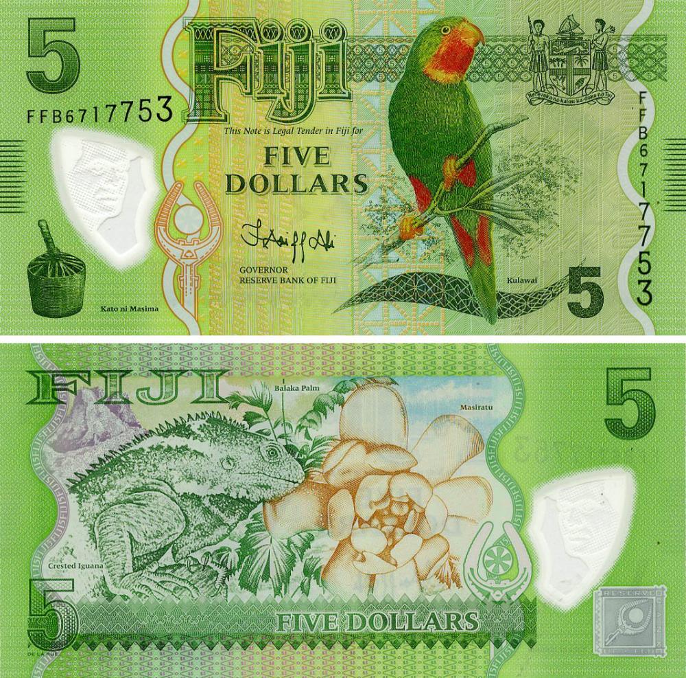 Коллекционная банкнота Фиджи 5 долларов 2013/2023 Полимер UNC Попугай (P115b)