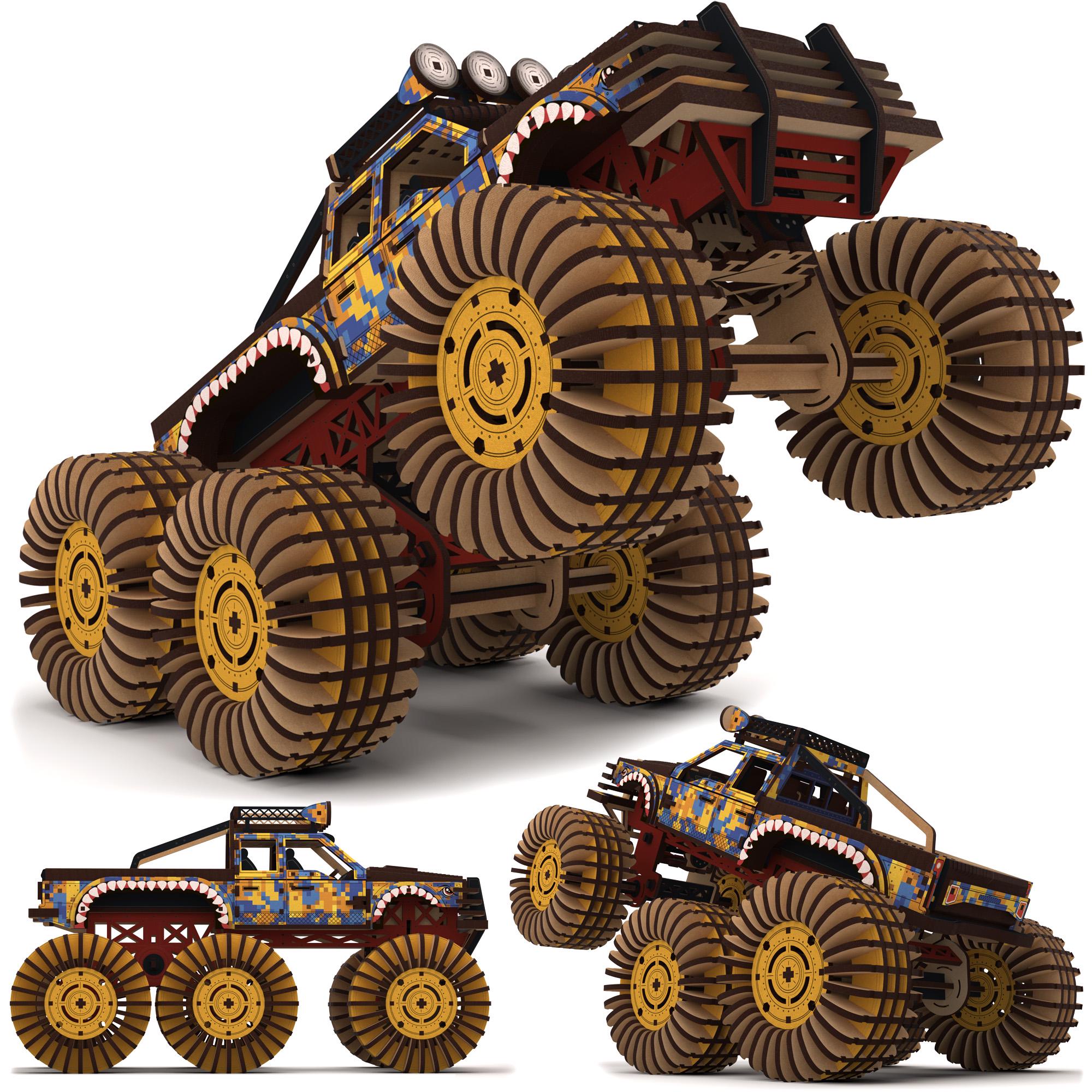 Конструктор 3D дерев'яний Thegravix Monster Truck 575 шт. Жовто-Синій (03946) - фото 5