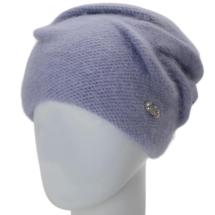 Шапка женская Novita Сюзана ангоровая двойная с аккуратным узором и брошью one size Джинс (247453) - фото 1