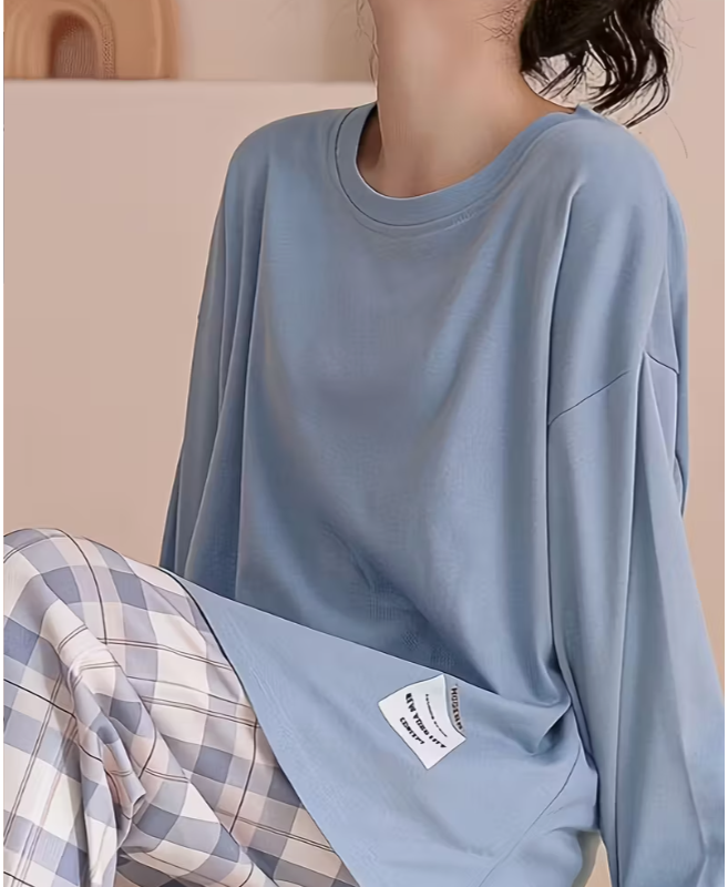 Пижама женская с длинным рукавом в клетку для дома весна-осень Голубой (1326/2) - фото 5 Пижама женская с длинным рукавом в клетку для дома весна-осень Голубой (1326/2) - фото 5