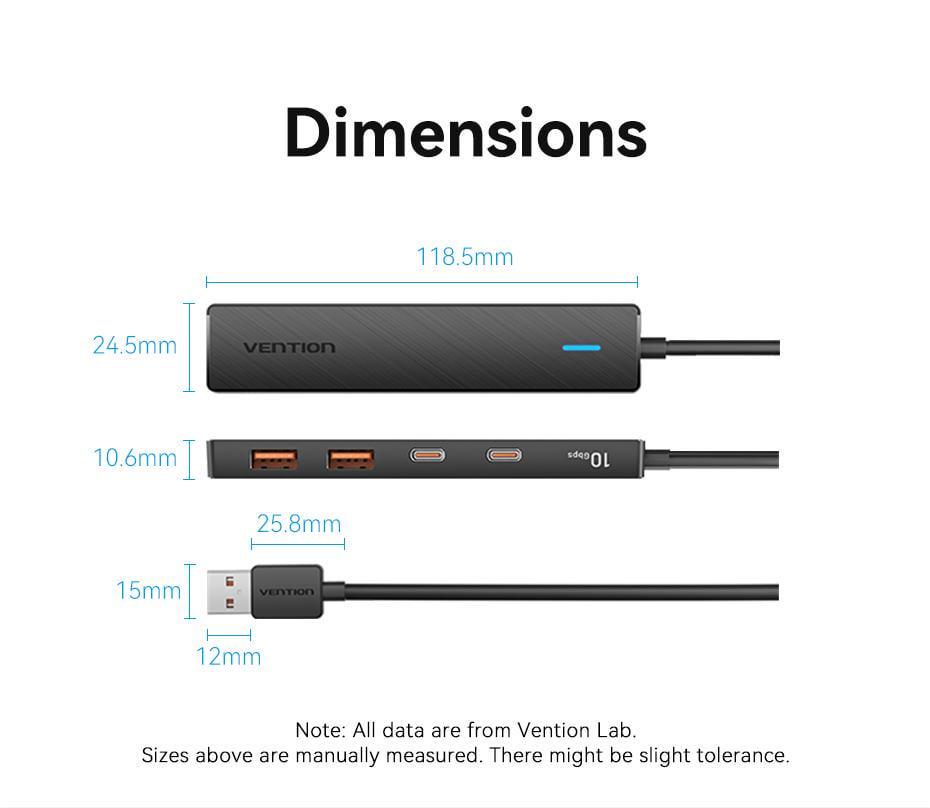 USB-хаб Vention USB-2x USB-A 3.2 Gen2 10 Гбіт/с 2x USB-C 3.2 Gen2 10 Гбіт/с Type-C 10Вт USB-A Чорний (CHSBB) - фото 12