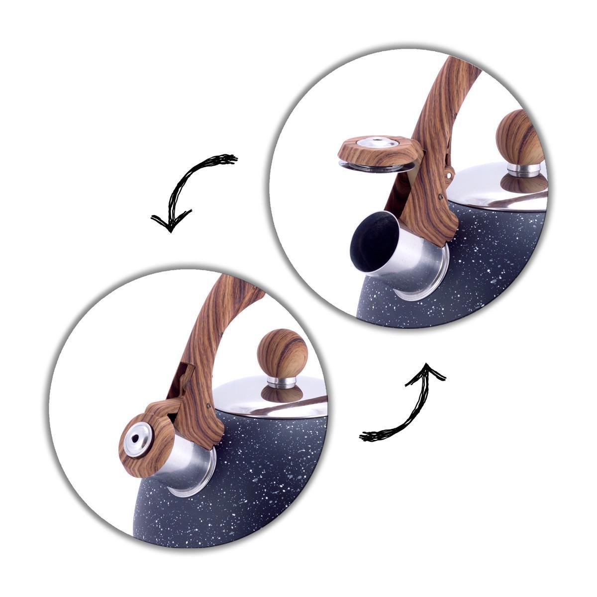 Чайник со свистком и бакелитовой ручкой под дерево Kamille KM-1071 из нержавеющей стали 2 л Черный мрамор (150-84-1071) - фото 4