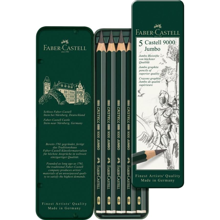Набор карманных карандашей Faber-Castell HB-8B CASTELL 9000 JUMBO металлический пенал 5 шт. (119305)