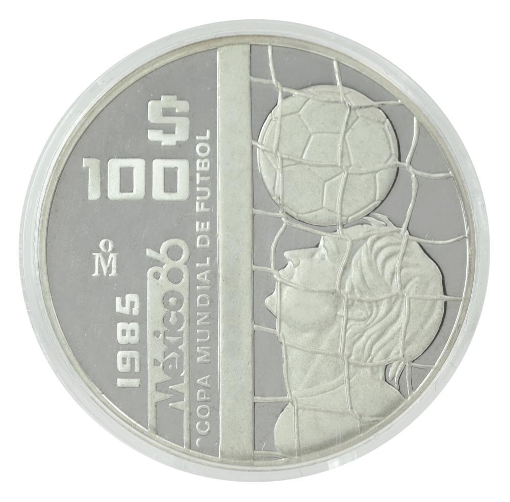 Коллекционная монета Мексика 100 песо 1985 серебро Proof Чемпионат мира по футболу в Мексике 1986-Мяч в сетке (М22169)