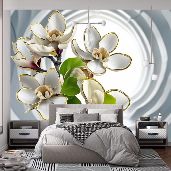 Фотошпалери флізелінові Білі квіти із золоти ободком 100х100 см (645)