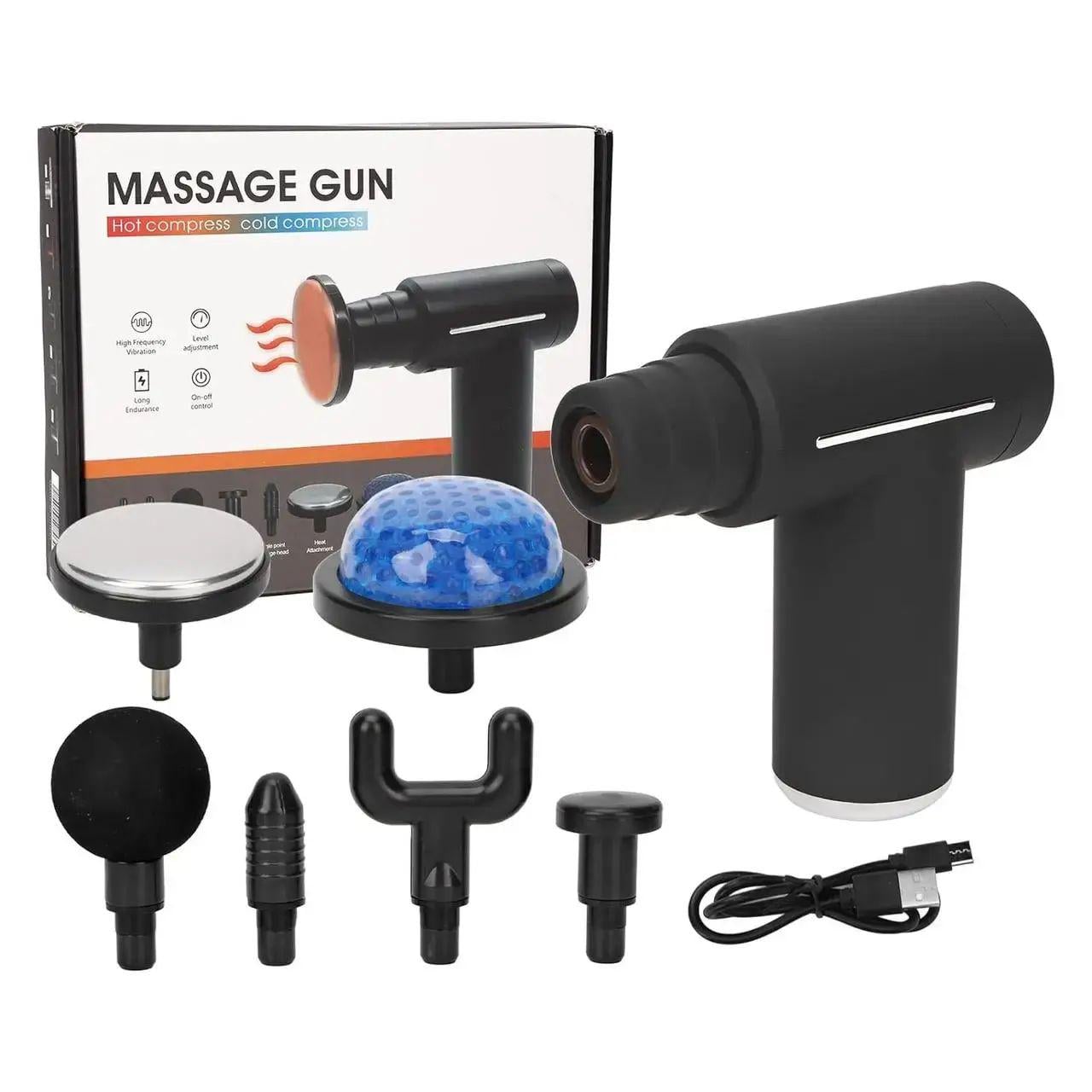 Массажный пистолет с 6 головками Massage GUN 8123 аккумуляторный с зарядкой от USB пластиковый Черный