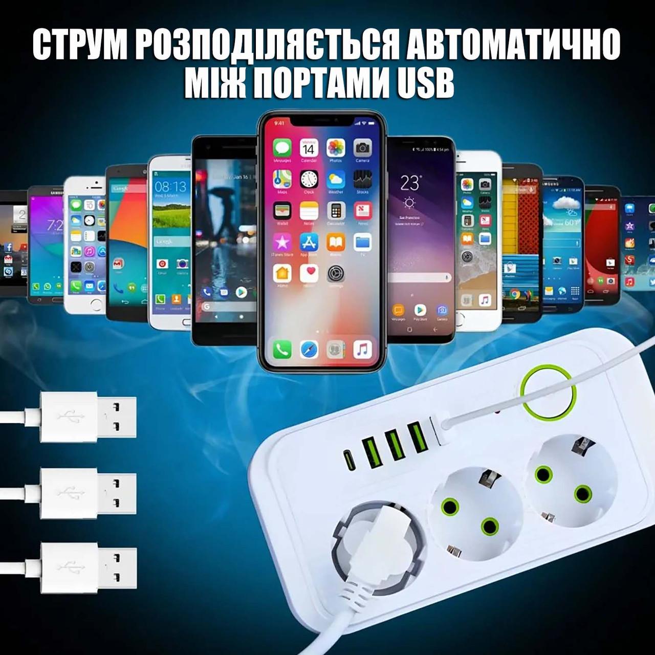 Удлинитель 2500 Вт 3 розетки 4 USB/Type C с кабелем 2 м Белый (F09U) - фото 9