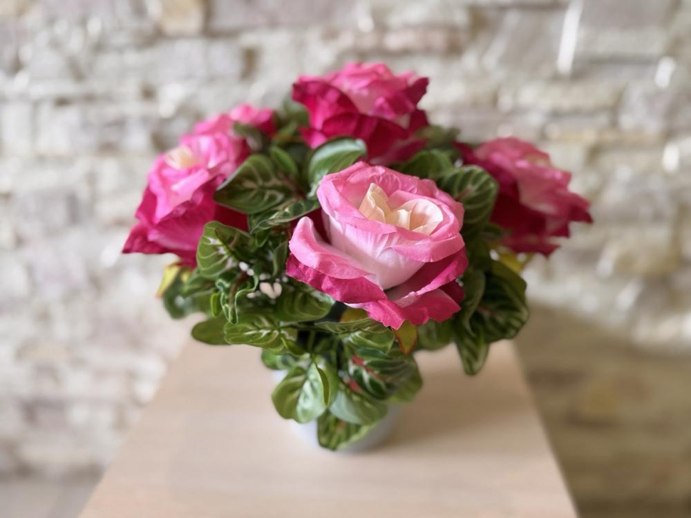 Букет розовой розы с зеленью в горшке Пластмакс (R0805) Букет розовой розы с зеленью в горшке Пластмакс (R0805)