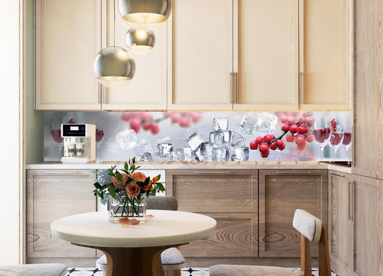 Кухонный фартук Рябина и лед из самоклеющейся виниловой пленки 65х250 см Красный