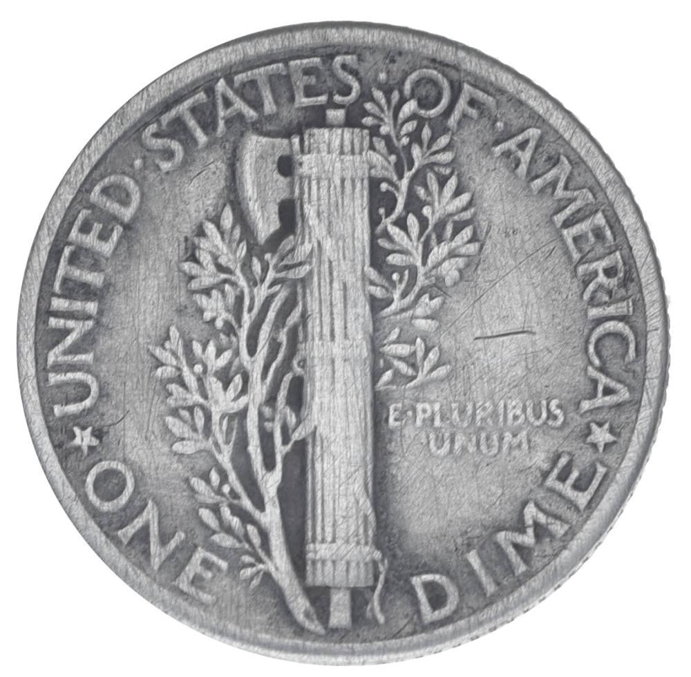 Монета 10 центов США 1938 Серебро F-VF Дайм Меркурий Ag 900 2,5 г (М25437)