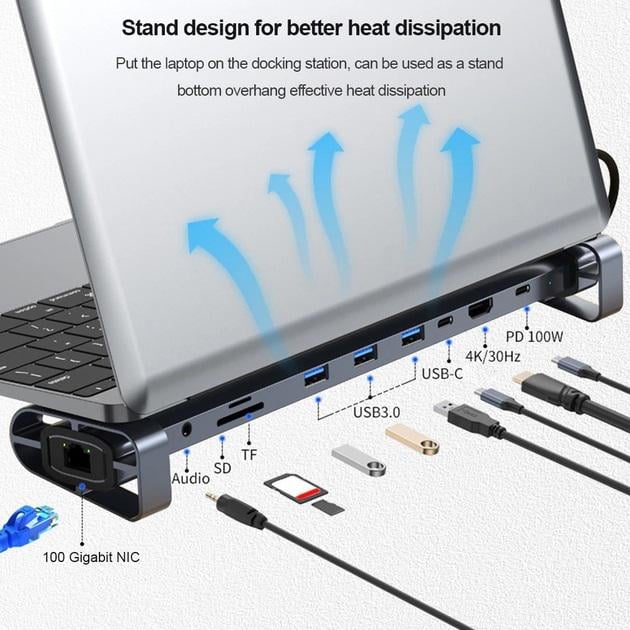 Подставка для ноутбука 10в1 HDMI/USB3.0/RJ45/PD/AV/SD/TF/3,5 мм - фото 2