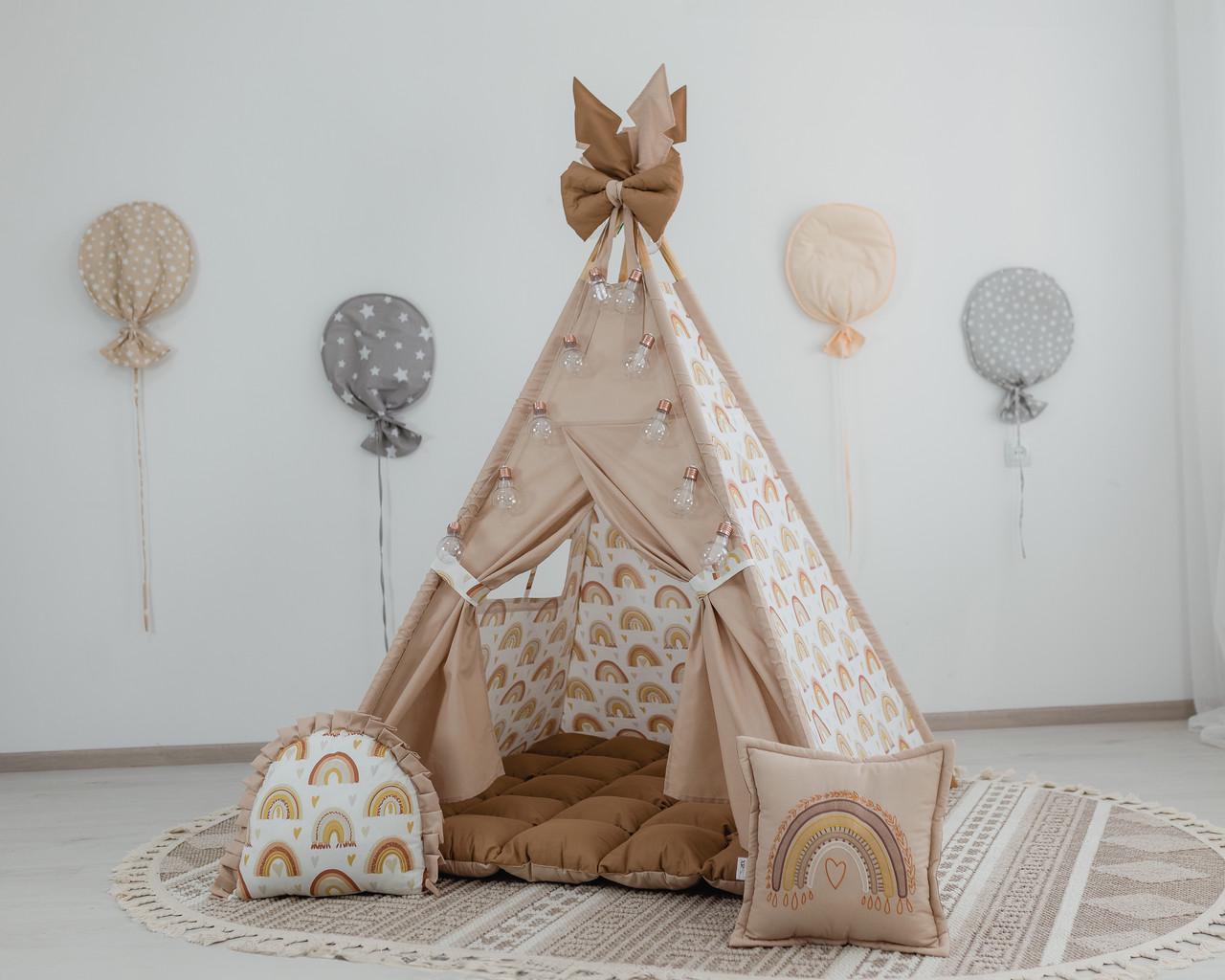 Вігвам дитячий для дітей Rainbow з килимком бон бон та подушки іграшки