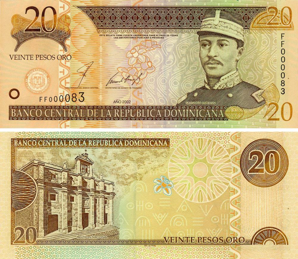Коллекционная банкнота Доминикана 20 песо 2002 UNC (P169b)