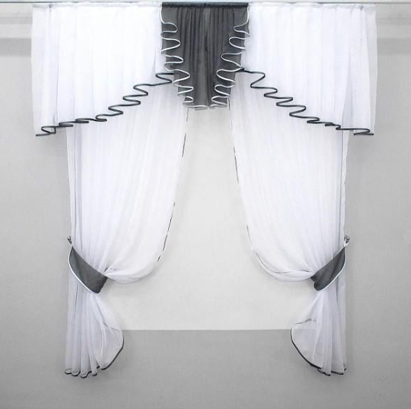 Занавеска на кухню/балкон шифон 150х170 см Белый/Графитовый (103к)