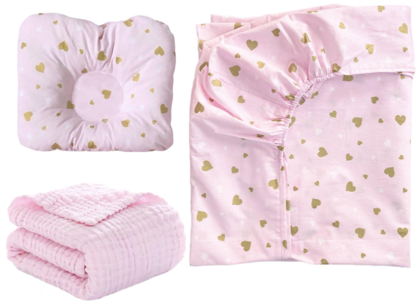 Набор в детскую кроватку RoyalBaby №16 Сердечки глиттер с муслиновым пледом 3в1 Розовый (142765)