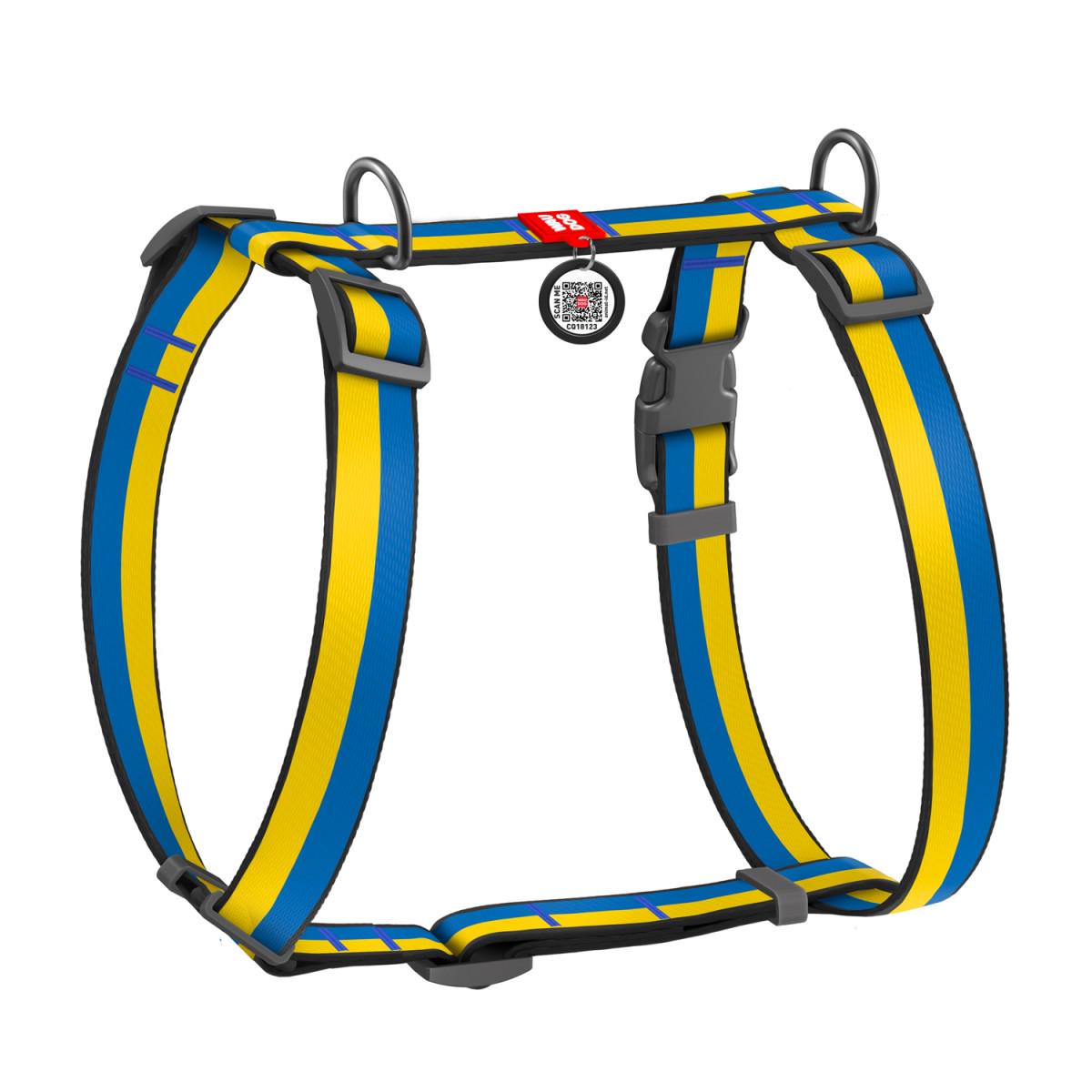 Шлея для собак WAUDOG Nylon с QR паспортом H-образная анатомическая Colors of freedom S 30-40/30-50 см 15 мм Желтый/Голубой (5140-4020)