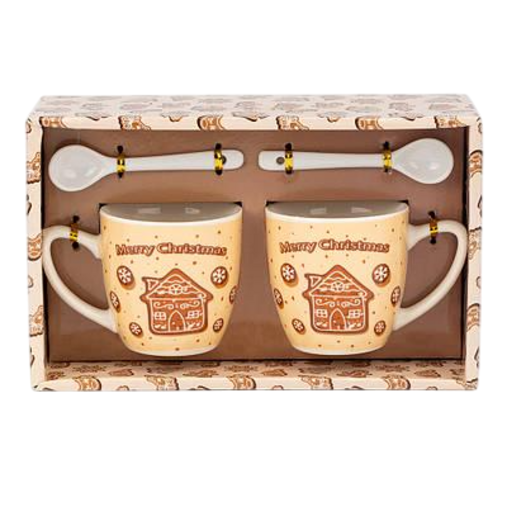 Набор новогодних чашек Elisey Merry Christmas керамика с ложками 4 предмета 180 мл Бежевый (9250-022)