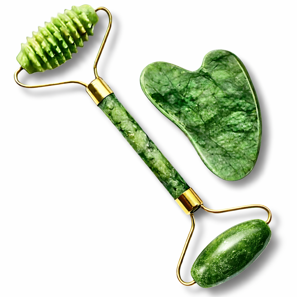 Массажер для лица 2в1 нефритовый роллер/скребок Гуаша из натурального камня (9098939801516)