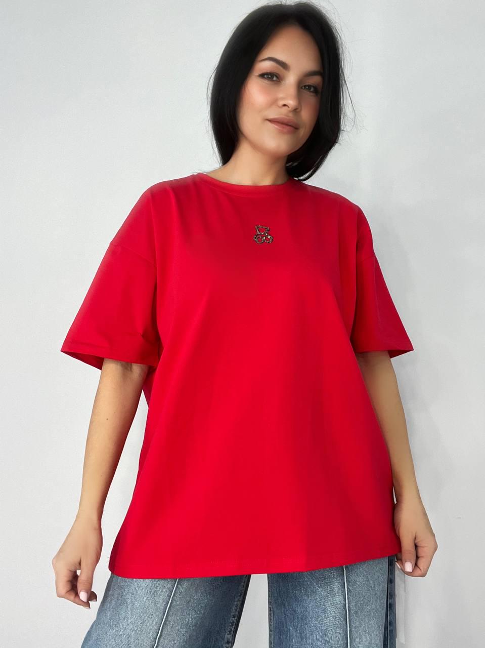 Футболка женская A-N 2006 базовая широкая оверсайз мишка камушки OS Красный (3934)