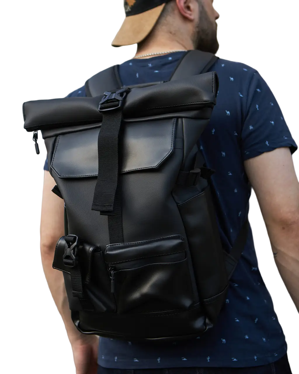 Городской рюкзак Rolltop для ноутбука/путешествий из экокожи Черный (385641987)