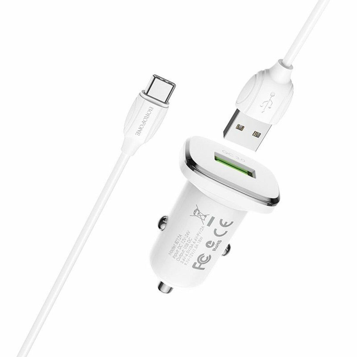 Зарядное устройство автомобильное Borofone BZ12A single port QC3.0 with Type-C cable White (BZ12ACW) - фото 2