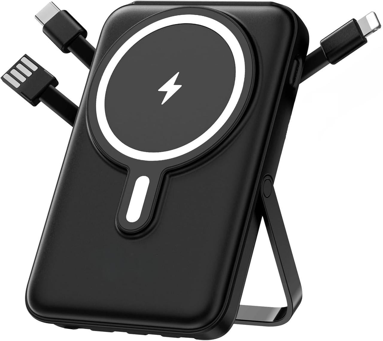 Повербанк магнитный беспроводной MagSafe Powerbank для iPhone со встроенными кабелями и подставкой 22,5W 10000 мАч