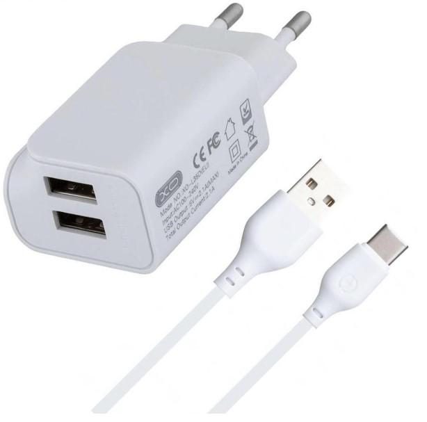 Зарядное устройство сетевое XO L35D с кабелем USB-Type-C и двумя USB портами 2.1A Белый (1830482342)