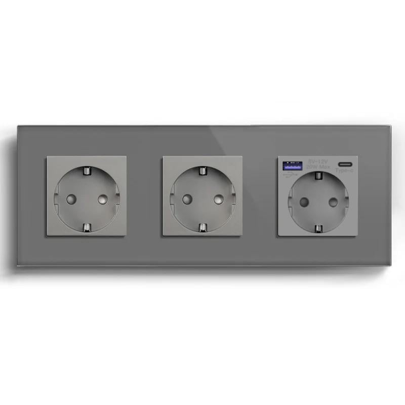 Розетка LUXION с USB A+C 20Вт с заземлением/шторками 250В 16А стеклянная рамка Серый (LX-M3FGAC-GY)