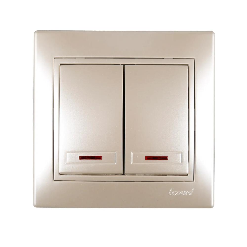 Выключатель двухклавишный Lezard Mira со вставкой и подсветкой Жемчужно-белый перламутр (27550592)