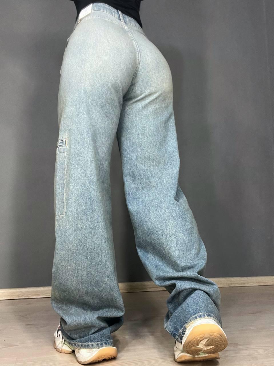 Джинсы женские ITS Basic 3123 cargo fit косой шов карманы сбоку винтаж широкие р. 34 Серо-зеленый (1378) - фото 2