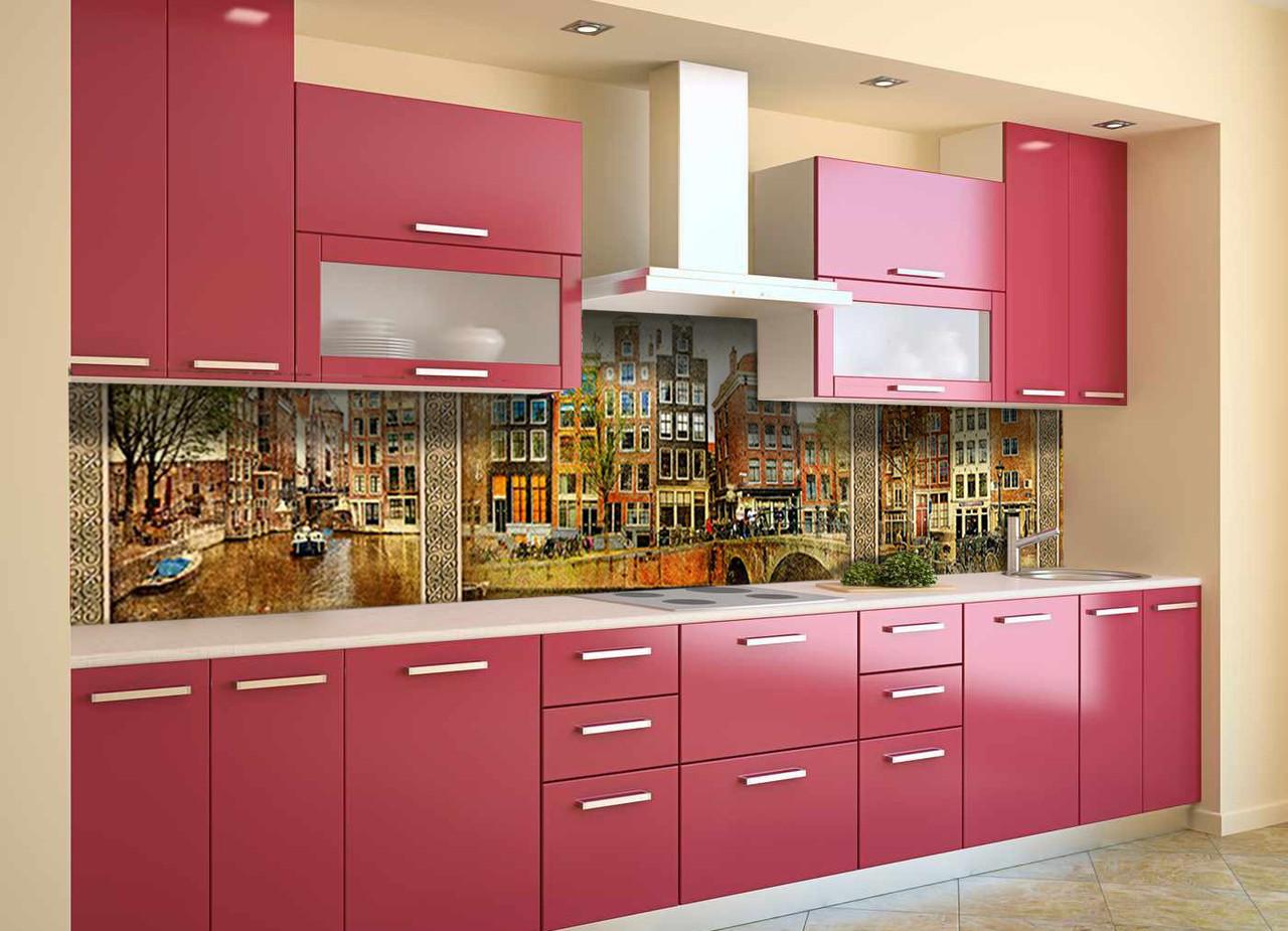 Кухонный фартук Старинный Амстердам город из самоклеющейся виниловой пленки 60х300 см Коричневый