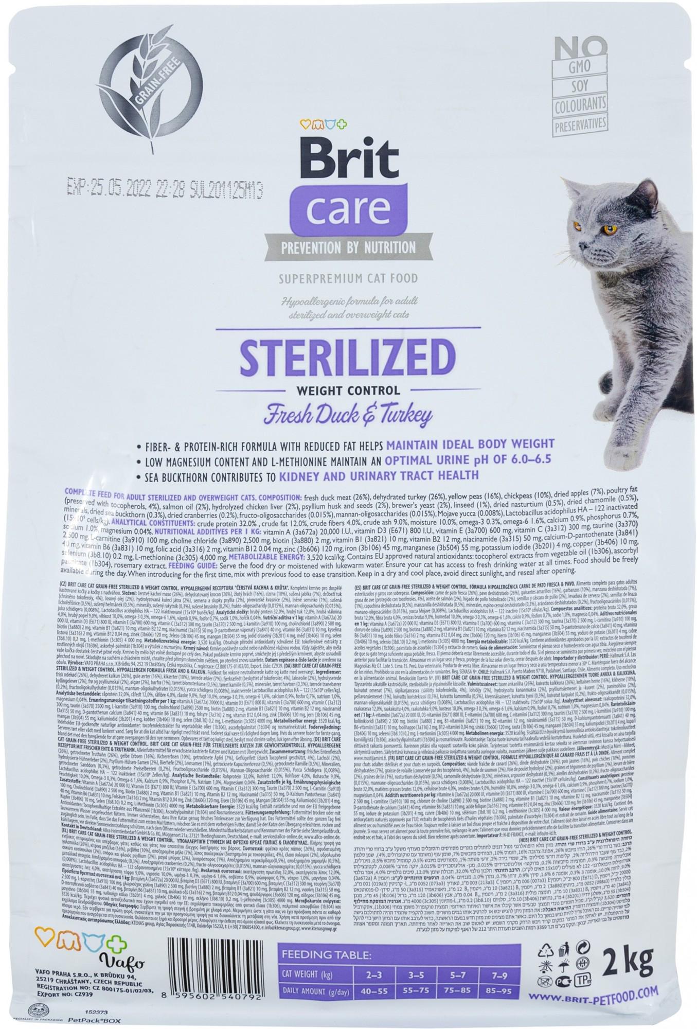 Сухой корм для стерилизованных котов и котов с избыточным весом Brit Care Cat GF Sterilized Weight Control с уткой и индейкой 2 кг (8595602540792) - фото 2