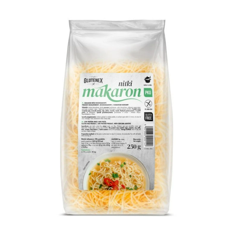 Макарони без глютену Glutenex PKU тонка нитка з куркумою низькобілкові 250 г (5901866000140)