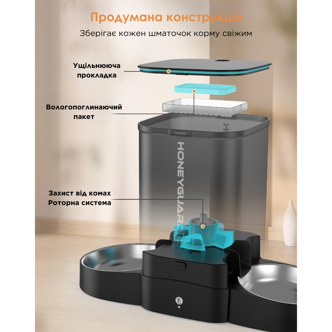 Кормушка для кошек и собак автоматическая HONEYGUARIDAN S303D 3.5L WIFI на 2 миски Черный - фото 3 Кормушка для кошек и собак автоматическая HONEYGUARIDAN S303D 3.5L WIFI на 2 миски Черный - фото 3
