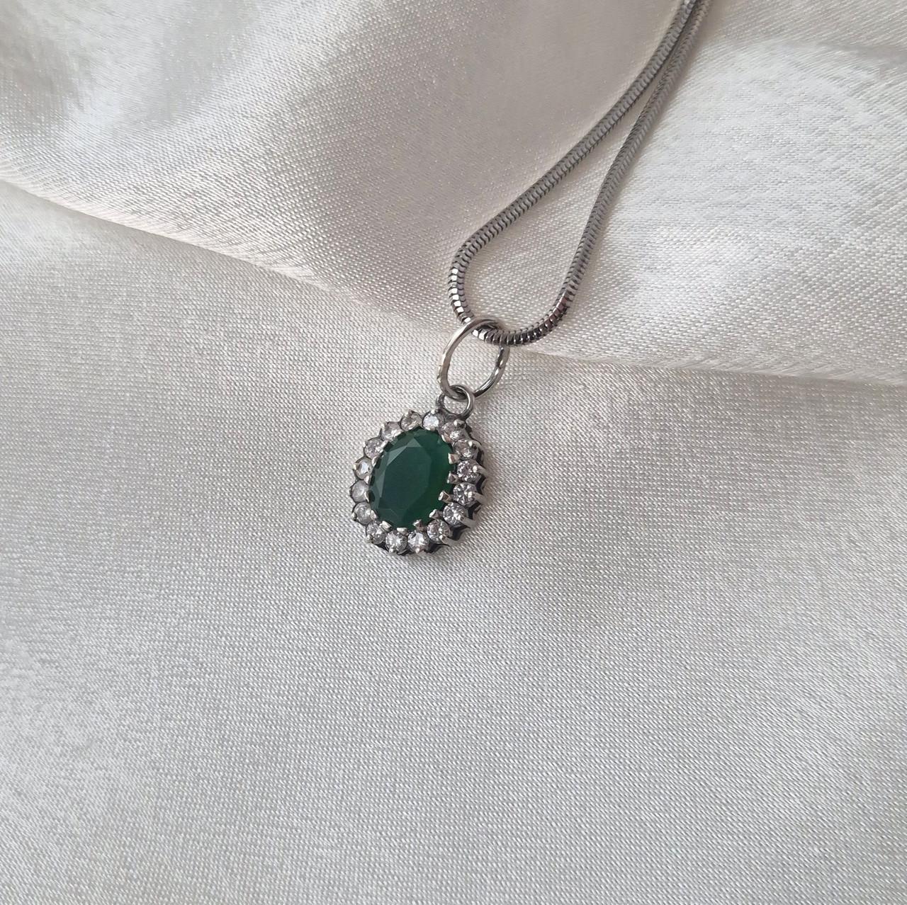 Підвіска овал із зеленим каменем імітація хризопраз срібло 925 проби чорнене 2,00 г (3885/2) - фото 8